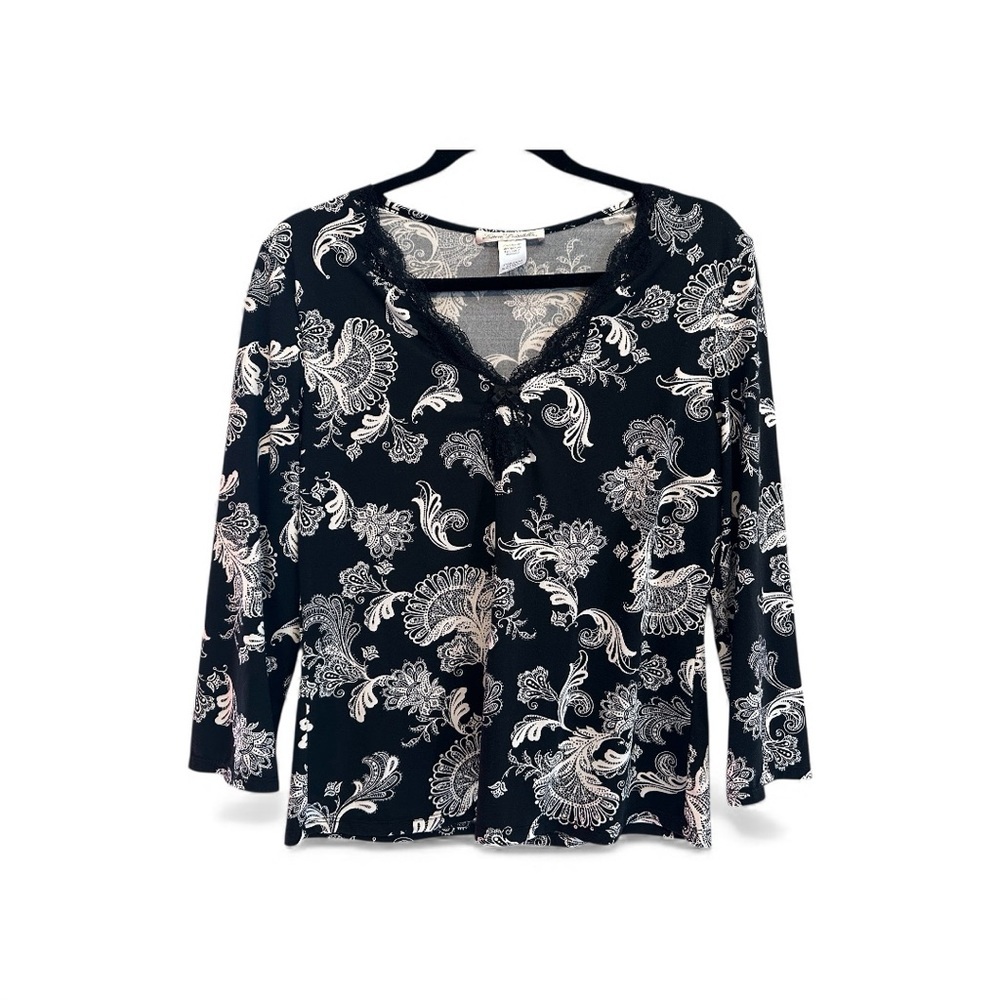 Y2K-Inspired Linea Donatella Black and White Floral Blouse Small